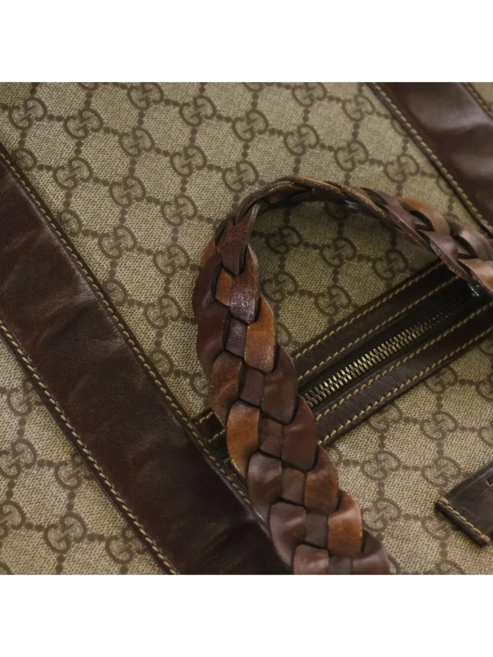 Gucci GG Supreme Logo Patch Leather Hand Tote Bag Brown Beige